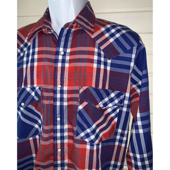 Western Frontier Other - VTG WESTERN FRONTIER Sz MEDIUM Red Blue White Plaid Cowboy Smap Front Shirt EUC